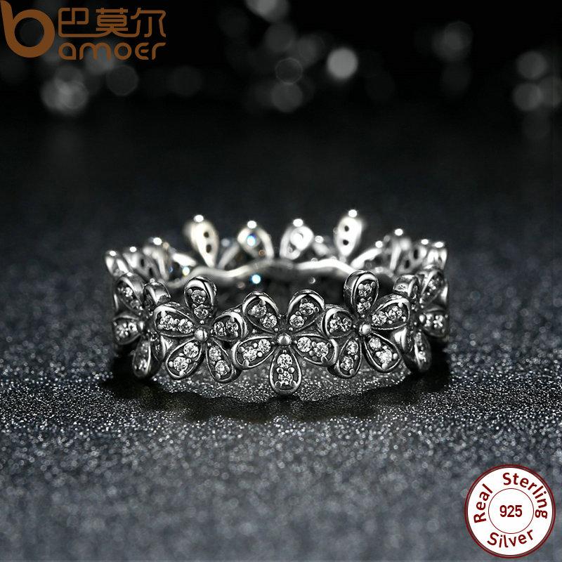 BAMOER 925 Sterling Silver Flowers Finger Rings Dazzling Daisy Meadow Stackable Ring PA7122