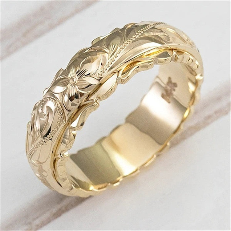 New plated 14k yellow gold suspended engraving rose flower ring jewelry tail ring women