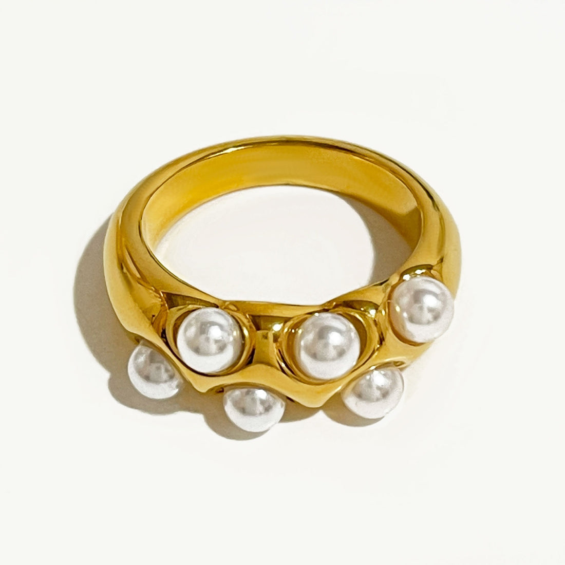 Gold Plated Ring with Multi Faux Pearls Stainless Steel Water Resistant Jewelry Women Party