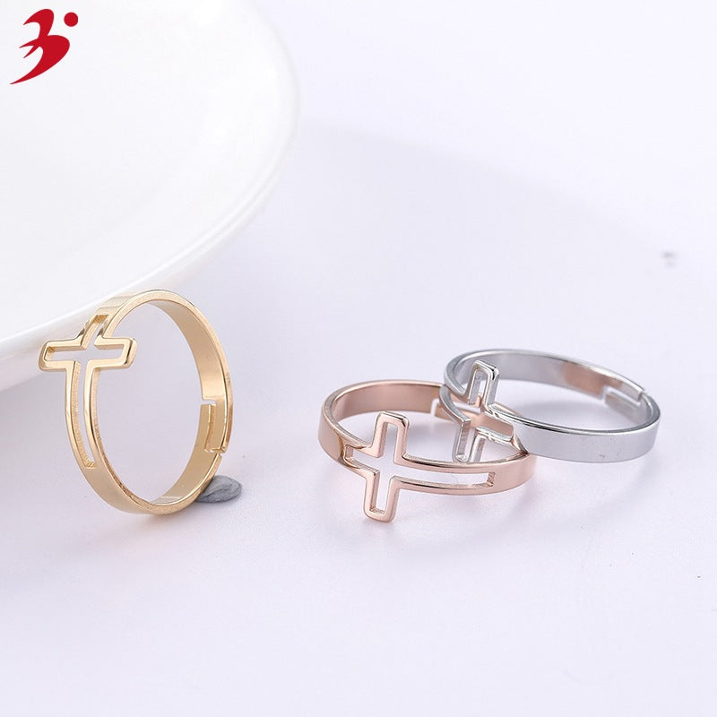 Christian Jesus Cross Rose Gold Open Ring Female Personality Trendy Stainless Steel Index Finger Ring