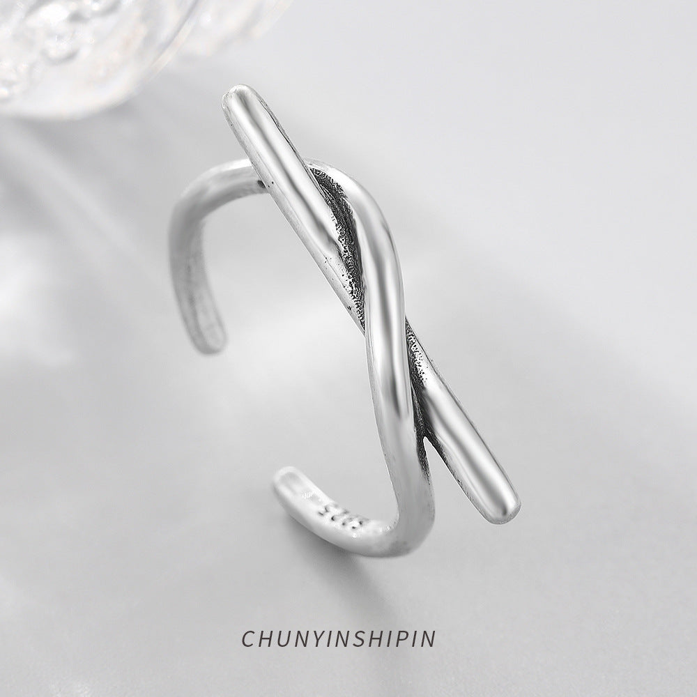 S925 Sterling Silver Retro Crossbar Open Ring Korean Trendy Style Personalized Index Finger Ring Female