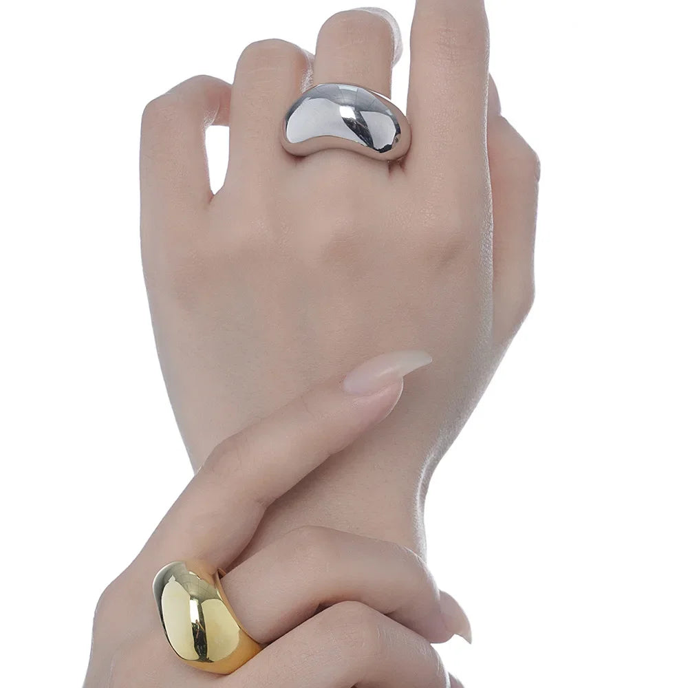 Irregular Wide Chunky Silver Open Ring for Women Man Gold Tone Mirror Finish Handmade Jewelry