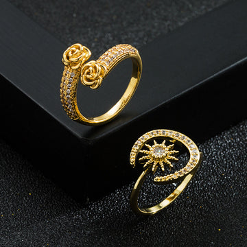 Open Adjustable INS Creative Star And Moon Ring Copper-Plated 18K Gold Micro-Set Zircon Jewelry