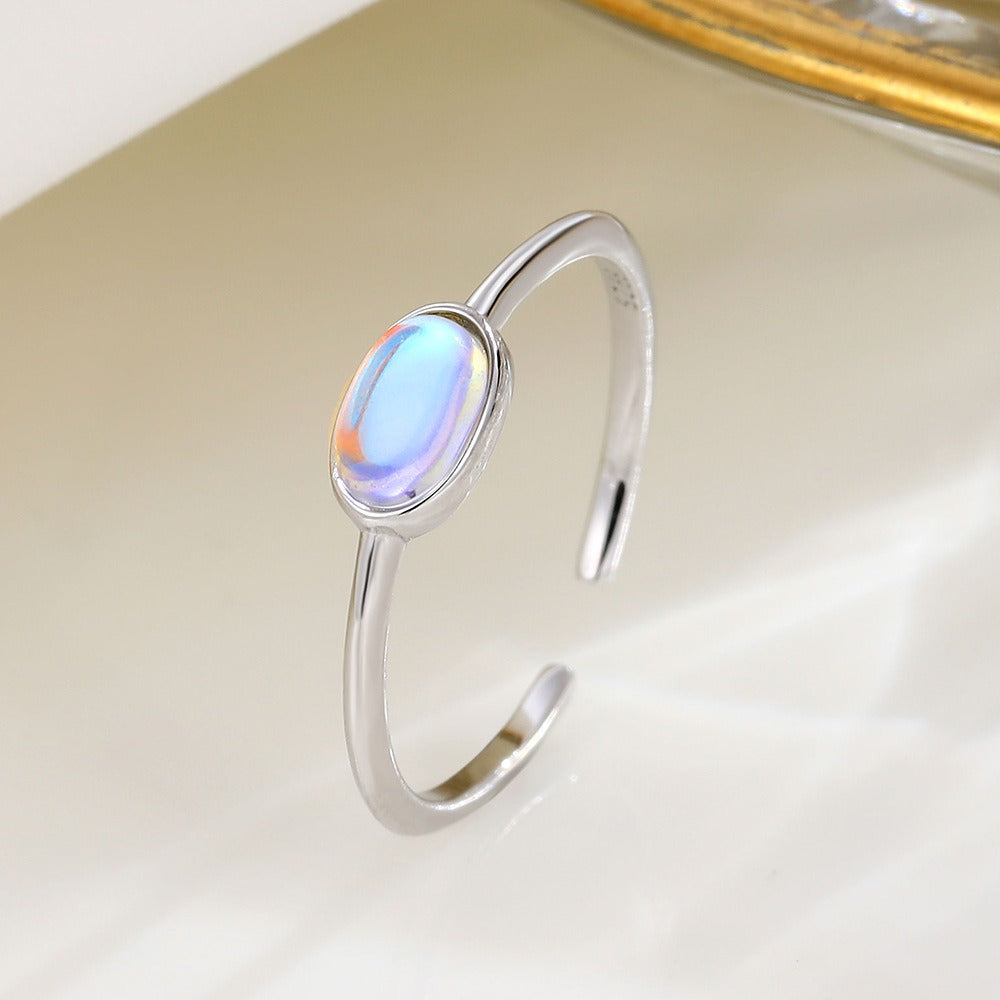 Temperament Trinkets S925 Sterling Silver Moonstone Oval Open Ring Personality Simple Female Index Finger Ring