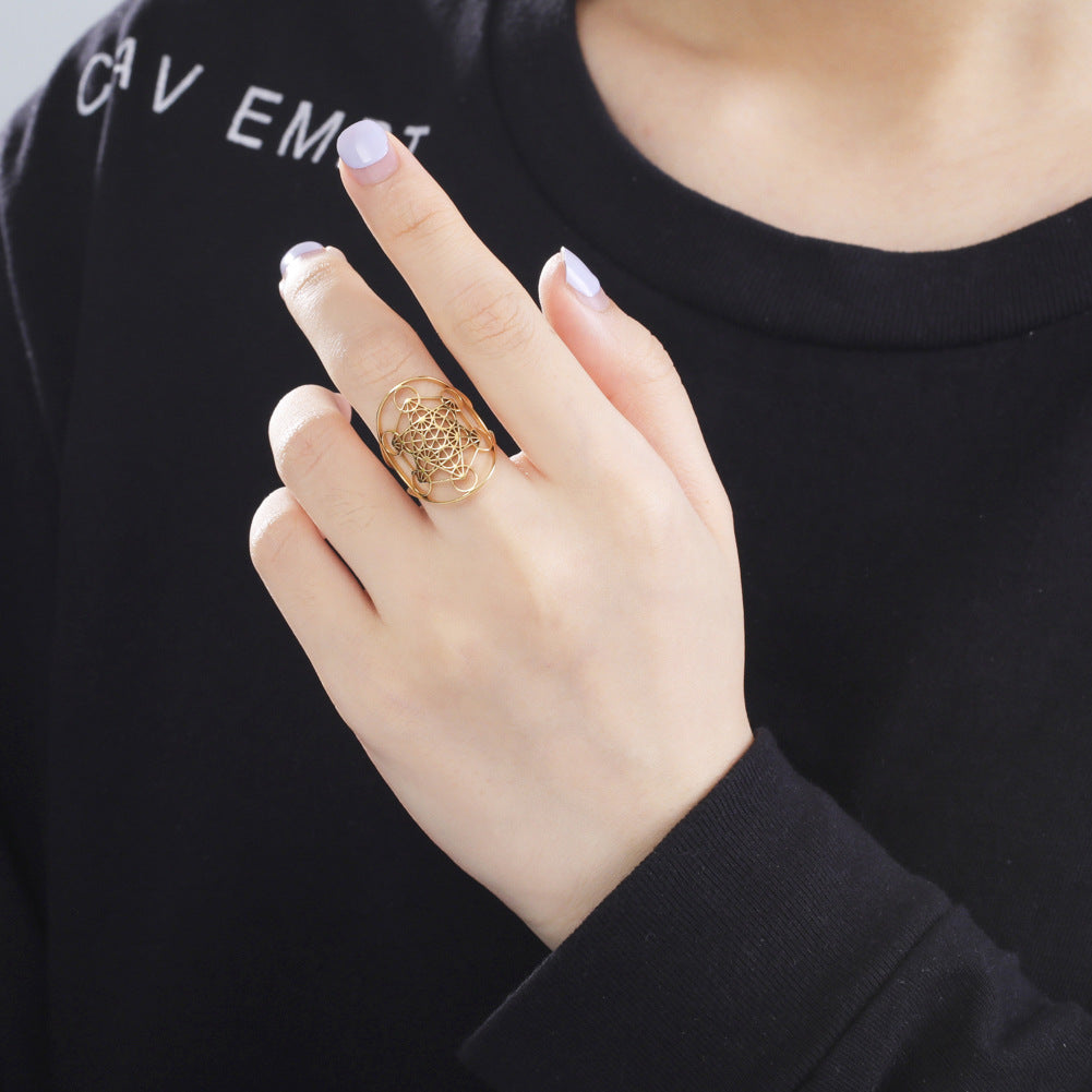 Fashion Hollow Hexagram Oval Ring Personality Trend Ins