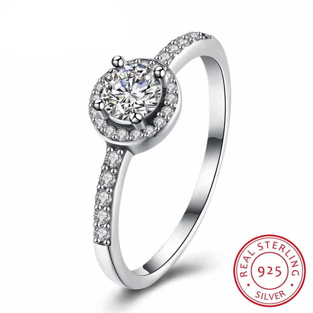 Solid 925 Sterling Silver Female Wedding Ring Classic Cubic Zirconia Fashion Jewelry Rings