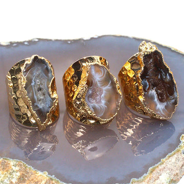 Agates Ring Slice Druzy Handmade Electroplated Goldtone Plated Free Form from Brazil Natural Stone Style