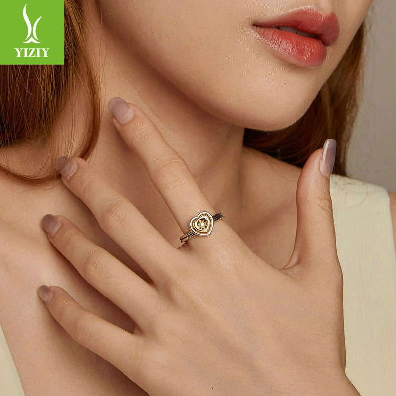 Yinziyun Original Couple's 18K Gold Plated Love Splicing Open Ring Starry Heart s925 Pure Silver Ring