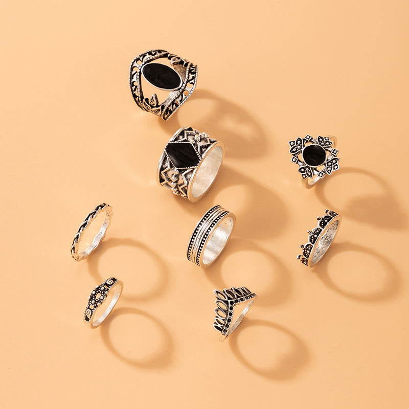 Black Oil Drip Ring Set Of Eight Retro Geometric Hollow Ring Set