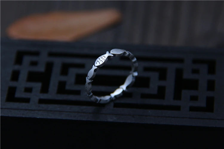 Real S 999 Silver Fine Jewelry for Women Handmade Engraved Fishes Finger Rings