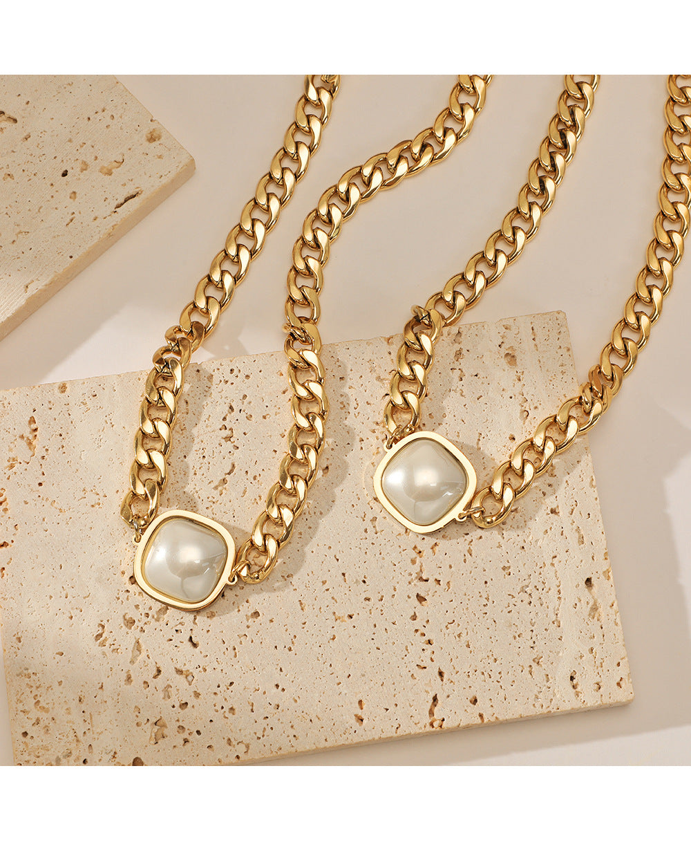 Jewelry Hip-Hop Square 304 Stainless Steel Artificial Pearls Gold Plated Stainless Steel Necklaces