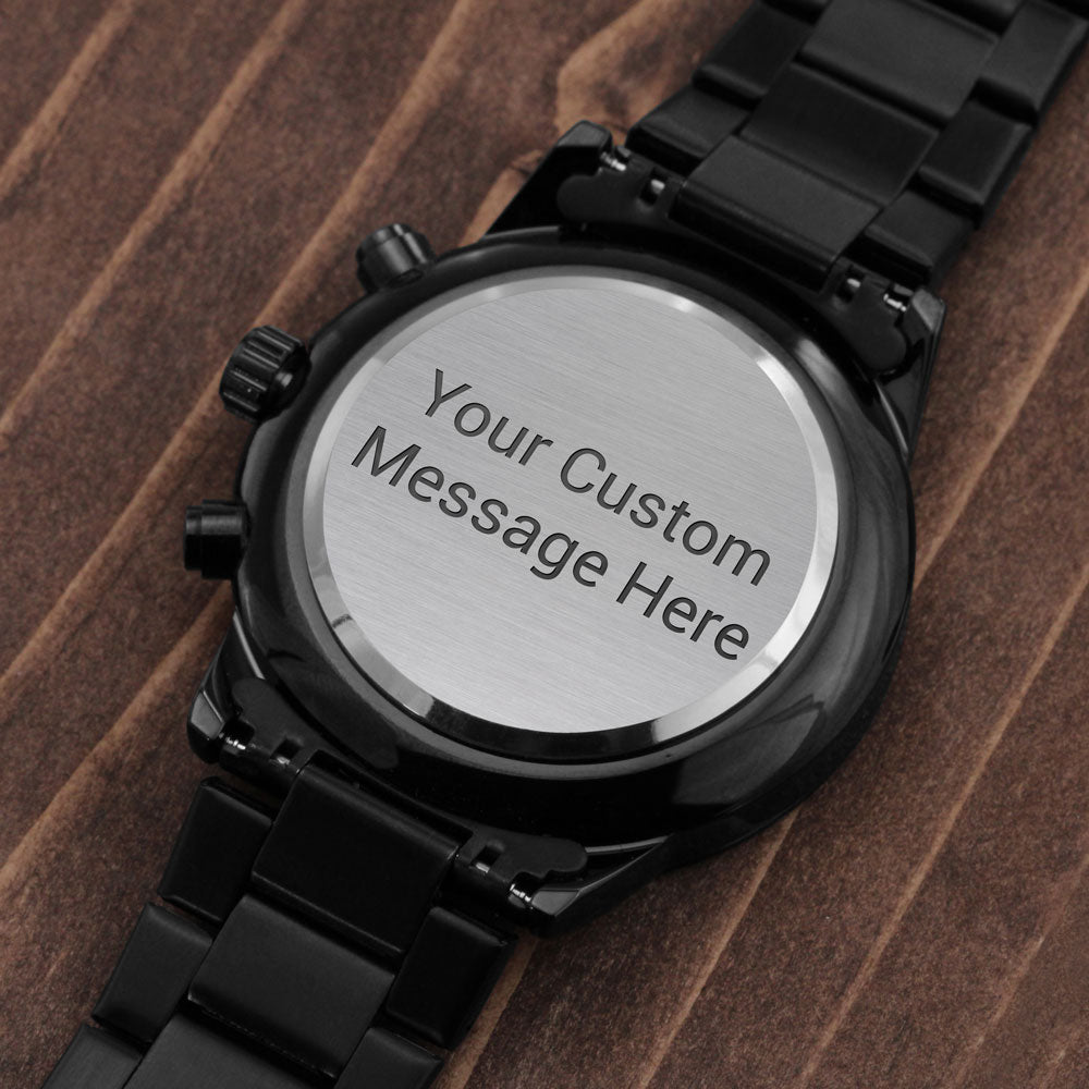 Black Chronograph Watch with Custom Text Engraving