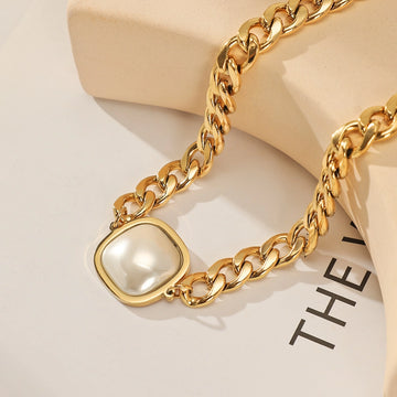 Jewelry Hip-Hop Square 304 Stainless Steel Artificial Pearls Gold Plated Stainless Steel Necklaces