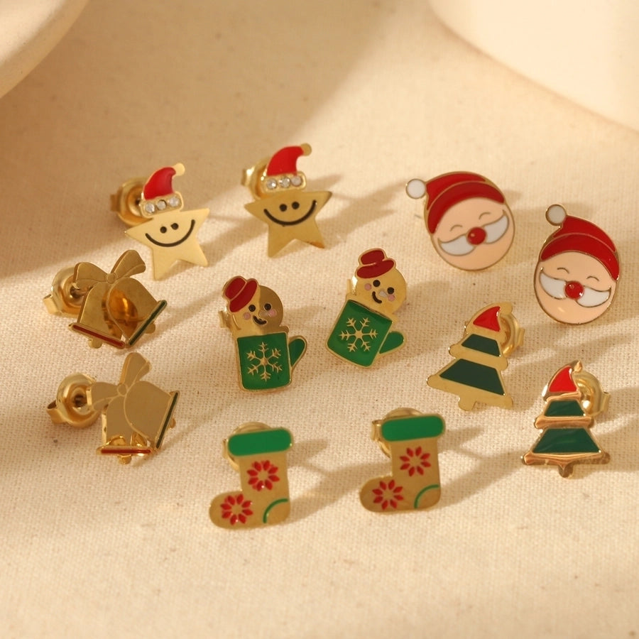 1 Pair Sweet Simple Style Christmas Tree Santa Claus Enamel 304 Stainless Steel Zircon 14K Gold Plated Ear Studs