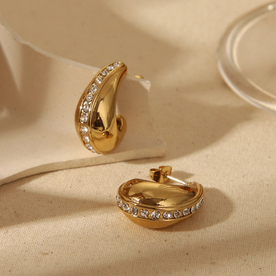 1 Pair Basic Commute C Shape Water Droplets Hollow Out 304 Stainless Steel Zircon 18K Gold Plated Drop Earrings